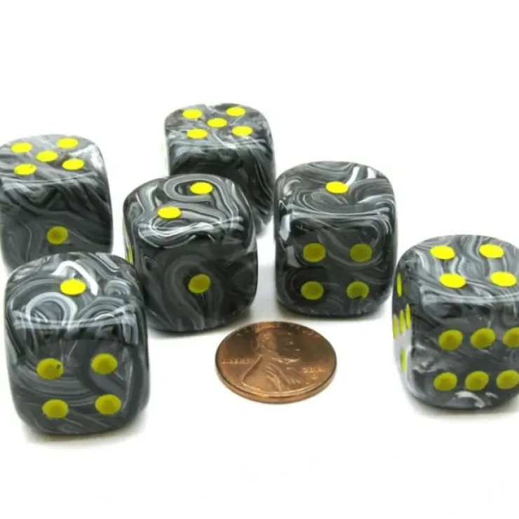 Dice>Vortex 20mm Big D6 Chessex Dice, 6 Pieces - Black with Yellow Pips - Your Source for Gaming Essentials