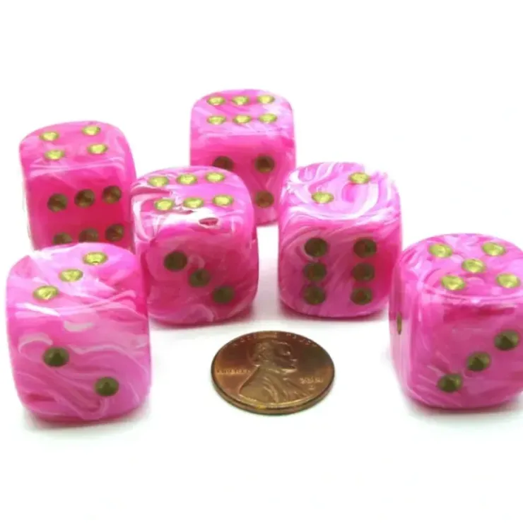Dice>Vortex 20mm Big D6 Chessex Dice, 6 Pieces - Pink with Gold Pips - Your Source for Gaming Essentials