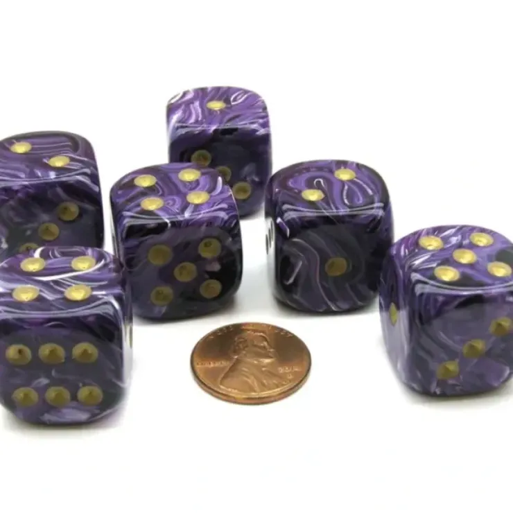 Dice>Vortex 20mm Big D6 Chessex Dice, 6 Pieces - Purple with Gold Pips - Your Source for Gaming Essentials