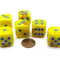 Dice>Vortex 20mm Big D6 Chessex Dice, 6 Pieces - Yellow with Blue Pips - Your Source for Gaming Essentials