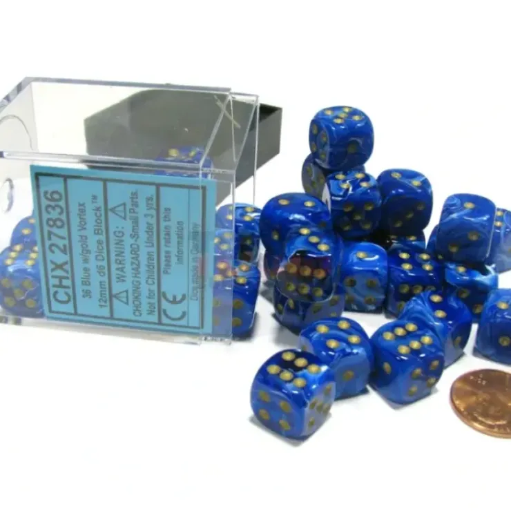 Dice>Vortex 12mm D6 Chessex Dice Block (36 Dice) - Blue with Gold Pips - Your Source for Gaming Essentials