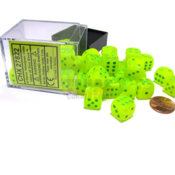 Dice>Vortex 12mm D6 Chessex Dice Block (36 Dice) - Electric Yellow with Green Pips - Your Source for Gaming Essentials