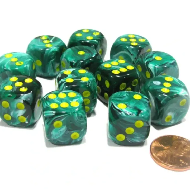 Dice>Vortex 16mm D6 Chessex Dice Block (12 Dice) - Malachite Green with Yellow - Your Source for Gaming Essentials