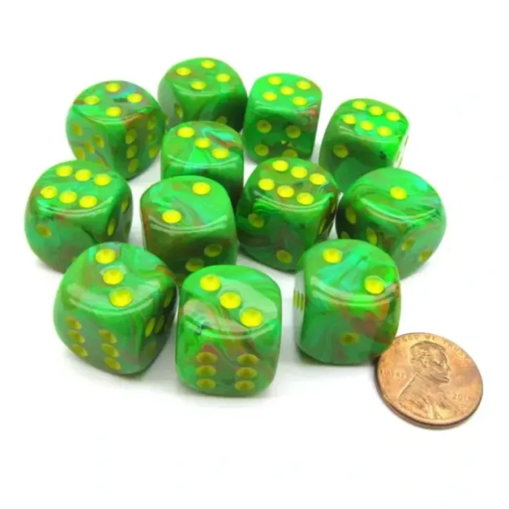 Dice>Vortex 16mm D6 Chessex Dice Block (12 Dice) - Slime with Yellow Numbers - Your Source for Gaming Essentials