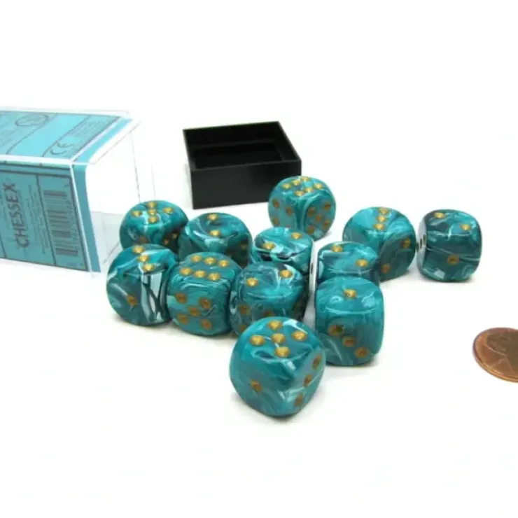 Dice>Vortex 16mm D6 Chessex Dice Block (12 Dice) - Teal with Gold Pips - Your Source for Gaming Essentials