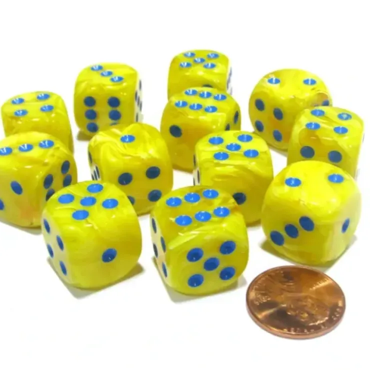 Dice>Vortex 16mm D6 Chessex Dice Block (12 Dice) - Yellow with Blue Pips - Your Source for Gaming Essentials