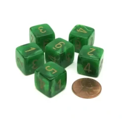 Dice>Vortex 15mm D6 Polyhedral Chessex Dice, 6 Pieces - Green with Gold Numbers - Your Source for Gaming Essentials