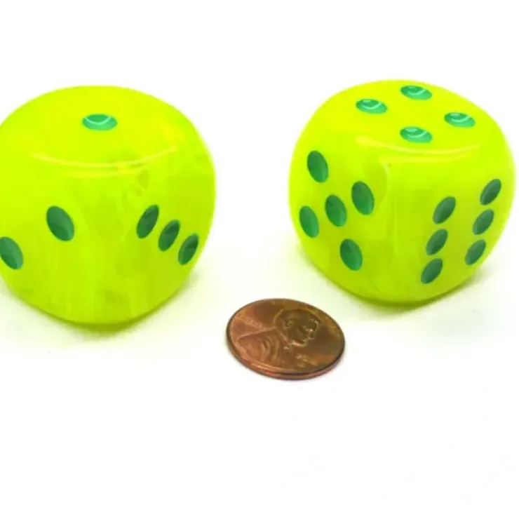 Dice>Vortex 30mm Large D6 Chessex Dice, 2 Pieces - Electric Yellow with Green Pips - Your Source for Gaming Essentials