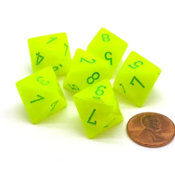 Dice>Vortex 15mm 8 Sided D8 Chessex Dice, 6 Pieces - Electric Yellow with Green - Your Source for Gaming Essentials