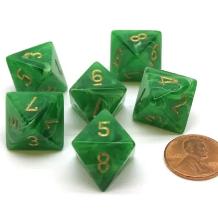 Dice>Vortex 15mm 8 Sided D8 Chessex Dice, 6 Pieces - Green with Gold - Your Source for Gaming Essentials