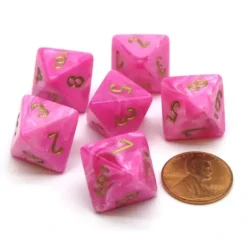 Dice>Vortex 15mm 8 Sided D8 Chessex Dice, 6 Pieces - Pink with Gold - Your Source for Gaming Essentials