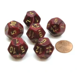 Dice>Vortex 18mm 12 Sided D12 Chessex Dice, 6 Pieces - Burgundy with Gold - Your Source for Gaming Essentials
