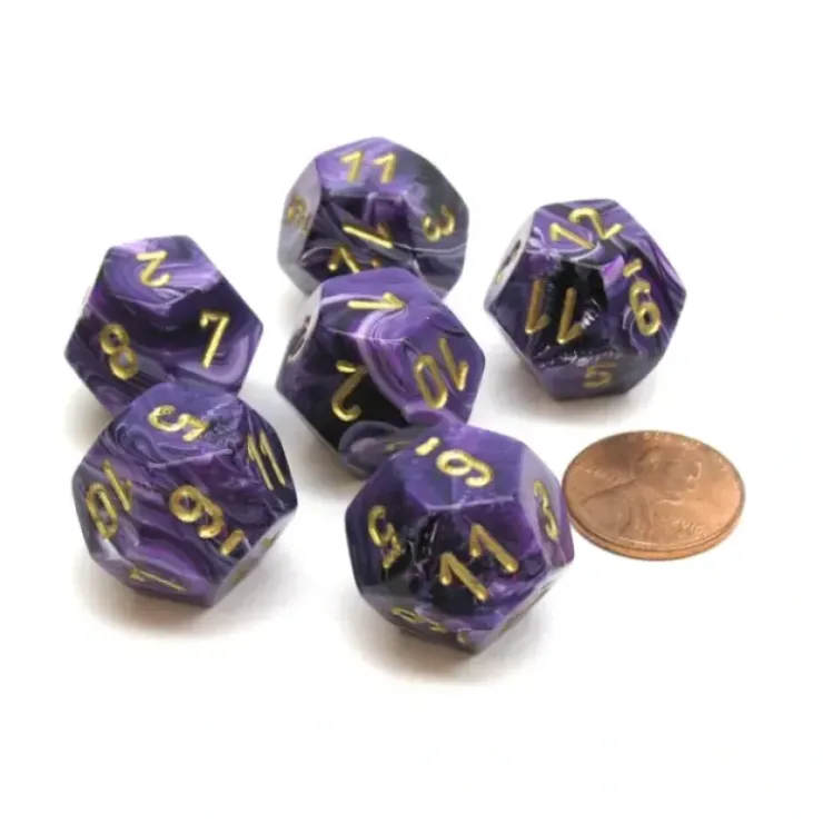 Dice>Vortex 18mm 12 Sided D12 Chessex Dice, 6 Pieces - Purple with Gold - Your Source for Gaming Essentials