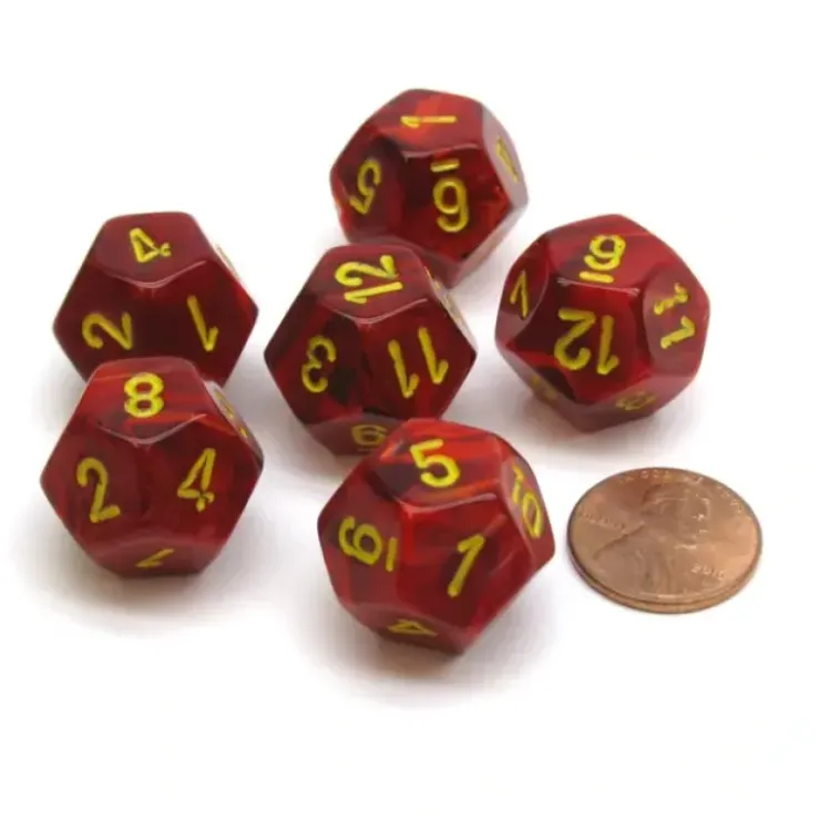 Dice>Vortex 18mm 12 Sided D12 Chessex Dice, 6 Pieces - Red with Yellow - Your Source for Gaming Essentials