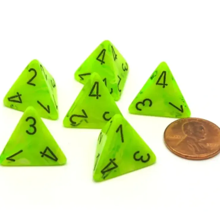 Dice>Vortex 18mm 4 Sided D4 Chessex Dice, 6 Pieces - Bright Green with Black - Your Source for Gaming Essentials