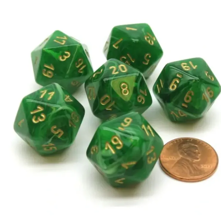 Dice>Vortex 20mm 20 Sided D20 Chessex Dice, 6 Pieces - Green with Gold Numbers - Your Source for Gaming Essentials