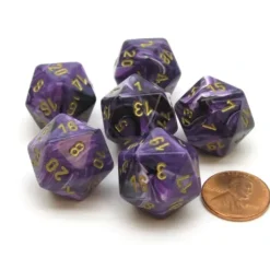 Dice>Vortex 20mm 20 Sided D20 Chessex Dice, 6 Pieces - Purple with Gold Numbers - Your Source for Gaming Essentials