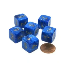 Dice>Vortex 15mm 6 Sided D6 Polyhedral Dice, 6 Pieces - Blue with Gold Numbers - Your Source for Gaming Essentials