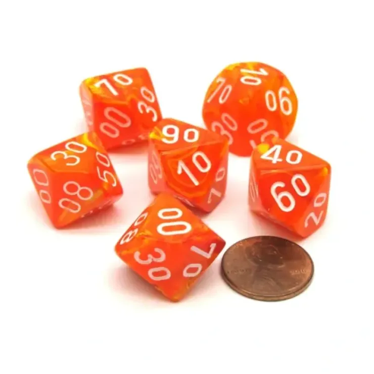 Dice>Vortex 16mm Tens D10 (00-90) Chessex Dice, 6 Pieces - Solar with White Numbers - Your Source for Gaming Essentials