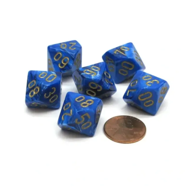 Dice>Vortex 16mm Tens D10 (00-90) Chessex Dice, 6 Pieces - Blue with Gold Numbers - Your Source for Gaming Essentials